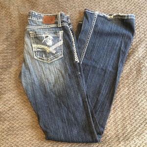 BKE Buckle Jeans Womens 29 Stretch Starlite Flare Low Rise Dark Wash Heavy Fade